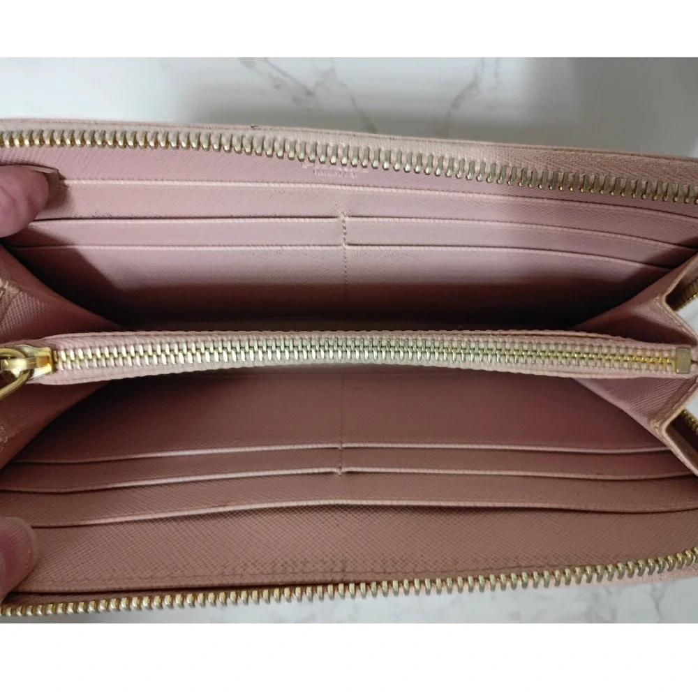 PRADA Light Pink Saffiano Leather Bow Zip-Around Wallet